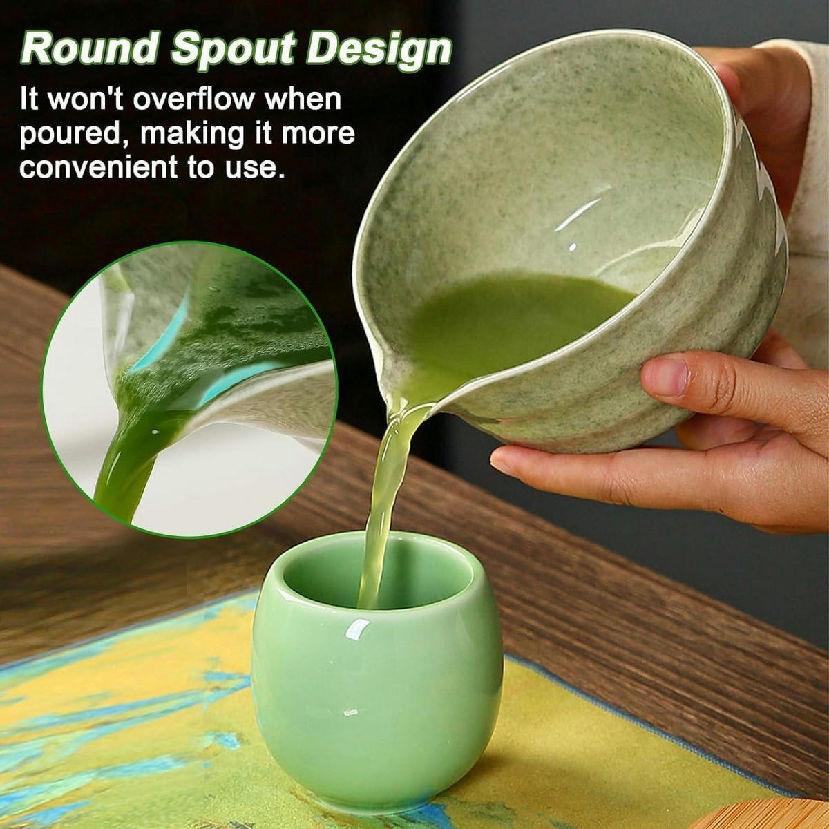 TEEZUBEHÖR 7-teiliges Set Matcha Schale mit Ausguss und Bambusbesen - Grün, Keramik (12.5/1.5/14cm)