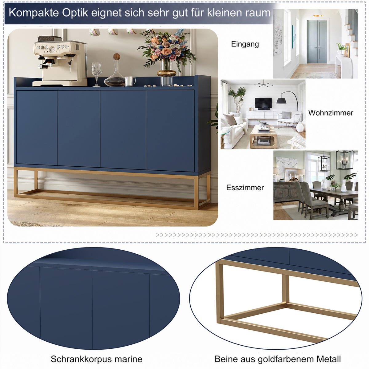 SIDEBOARD, 120/80/30 cm, mit 4 Türen, MDF, blau - Blau, Holz/Metall (120/80/30cm) - GENKI LIVING