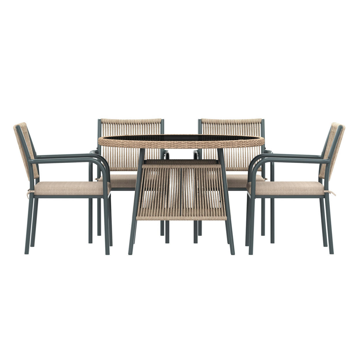 GARTENMÖBELSET 110/110/74 cm grau aus Eisen mit Glasplatte und 4 Sesseln - Beige, Metall - OKWISH