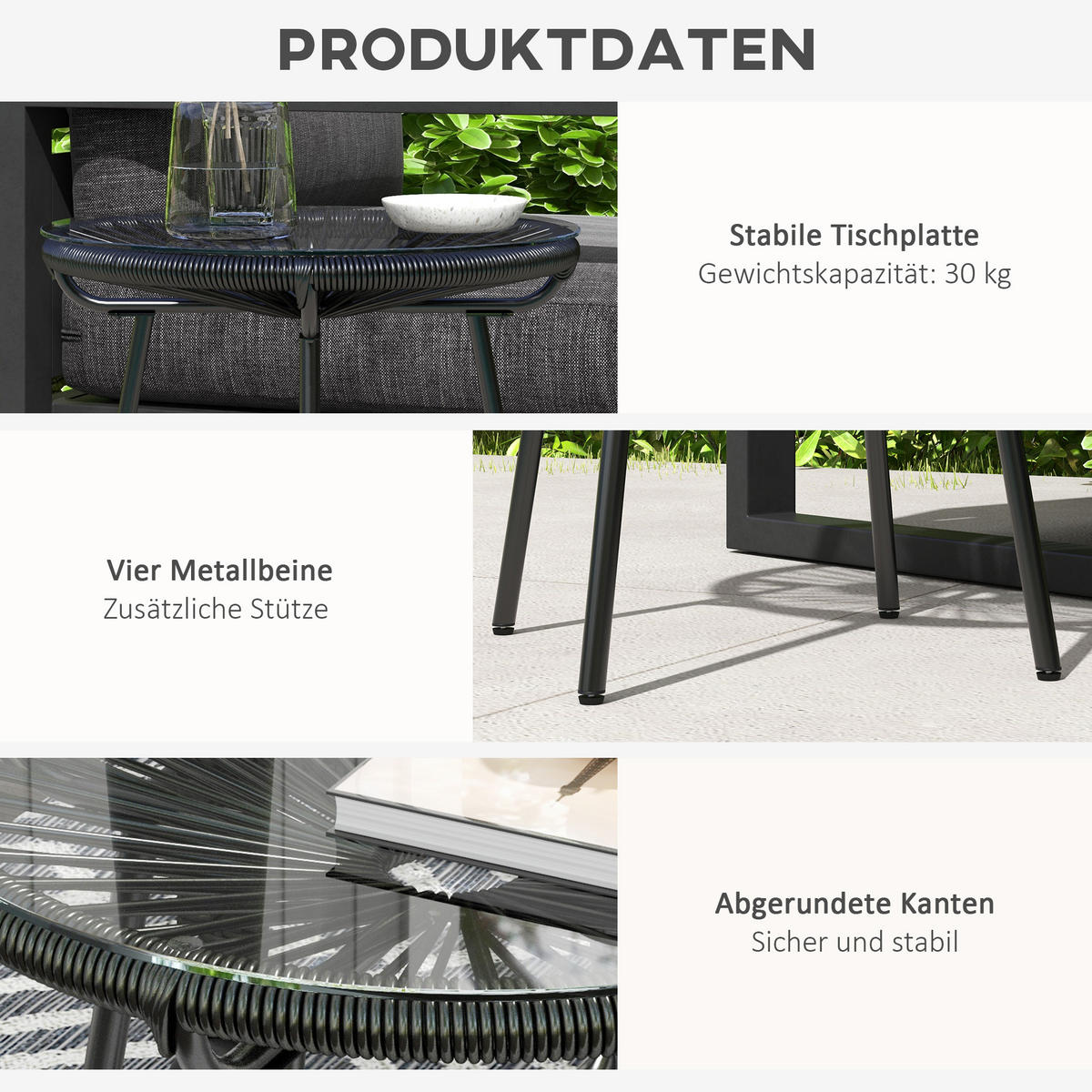 BALKONTISCH, Schwarz, Metall, PE Rattan - Schwarz, Kunststoff (50/50/50cm) - Outsunny
