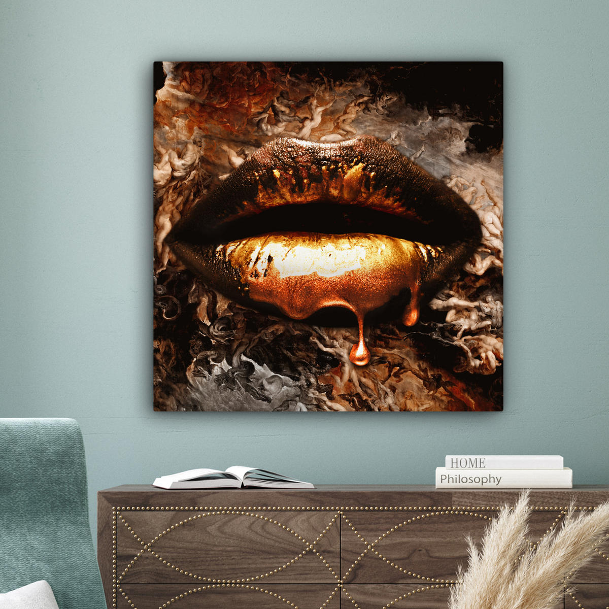 LEINWANDBILD Gold - Lippen - Kunst - Gold - Luxus - Abstrakt 90x90 cm - Kupferfarben, Textil (90/90cm) - MuchoWow