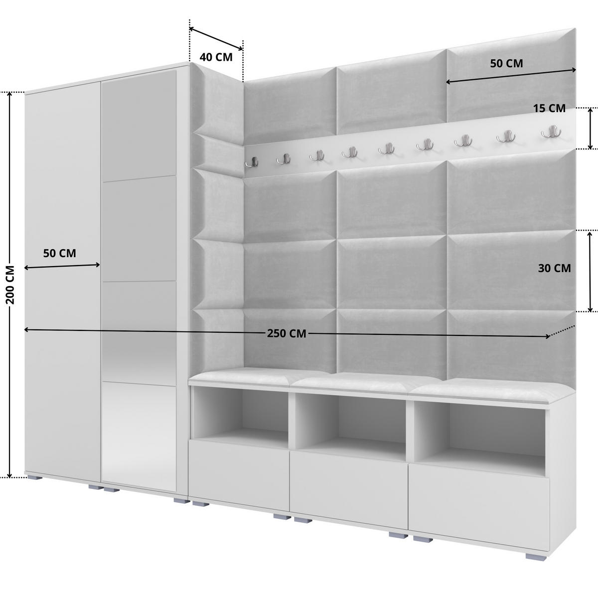 GARDEROBE NELA VII 250 cm (Modulare Flurmöbel XL Weiß mit Spiegel & Sitzpolster Hellgrau 32 Universell) - Silberfarben/Hellgrau, Holz/Holzwerkstoff (250/187/40cm) - Ravio