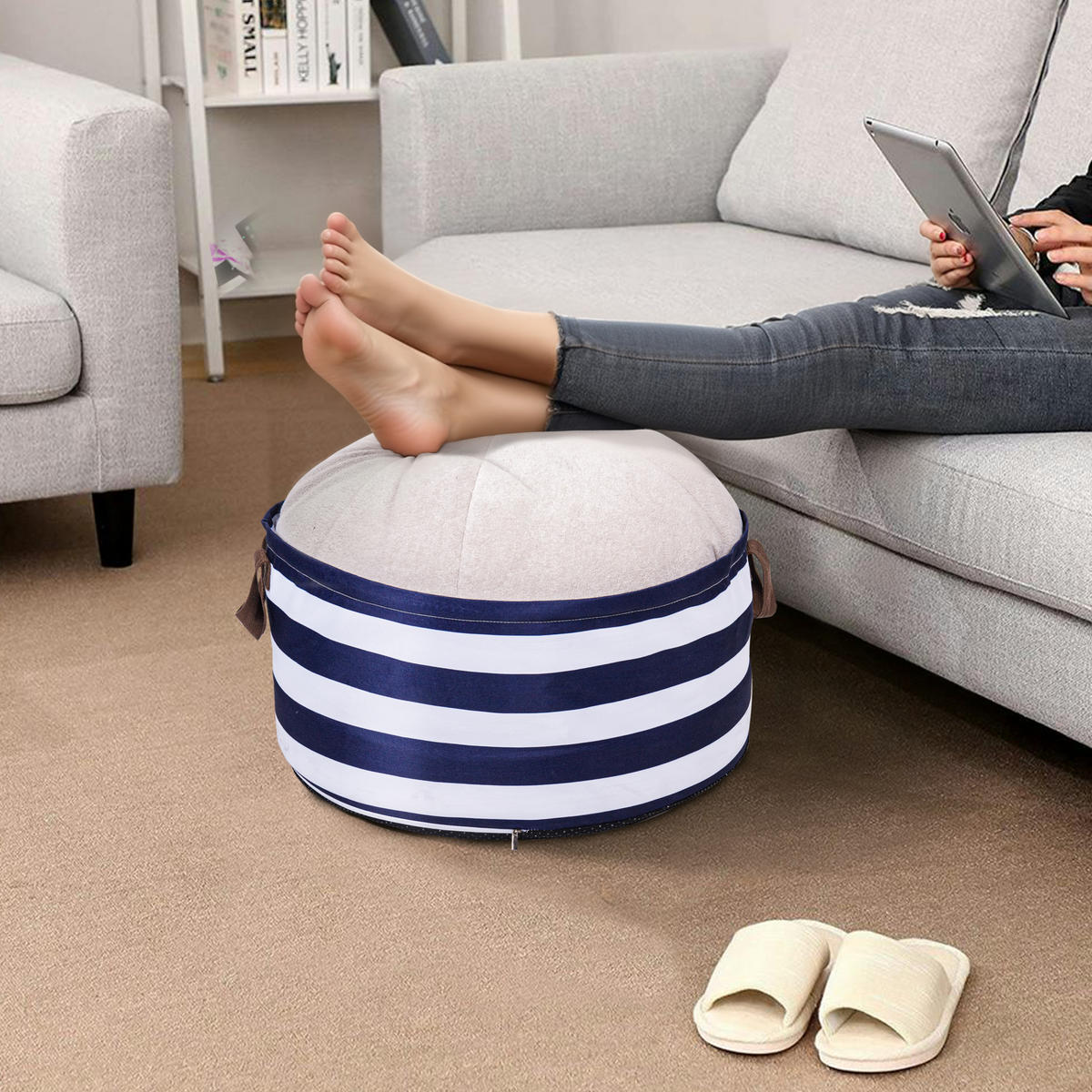 POUF mit Stauraum Cord - Blau/Weiß, Textil (54/26/54cm) - Vercart