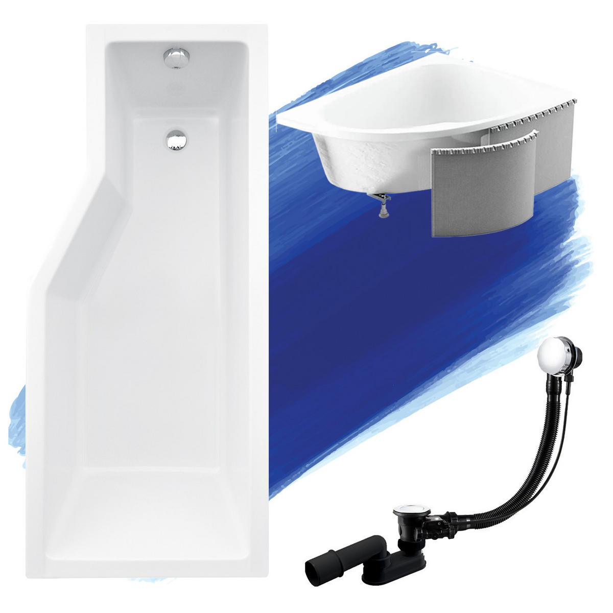 BADEWANNE Eckwanne INTEGRA 170/75 Rechts mit Styro Ablauf Füße - Weiß, Kunststoff (75/55.5/170cm) - bad land