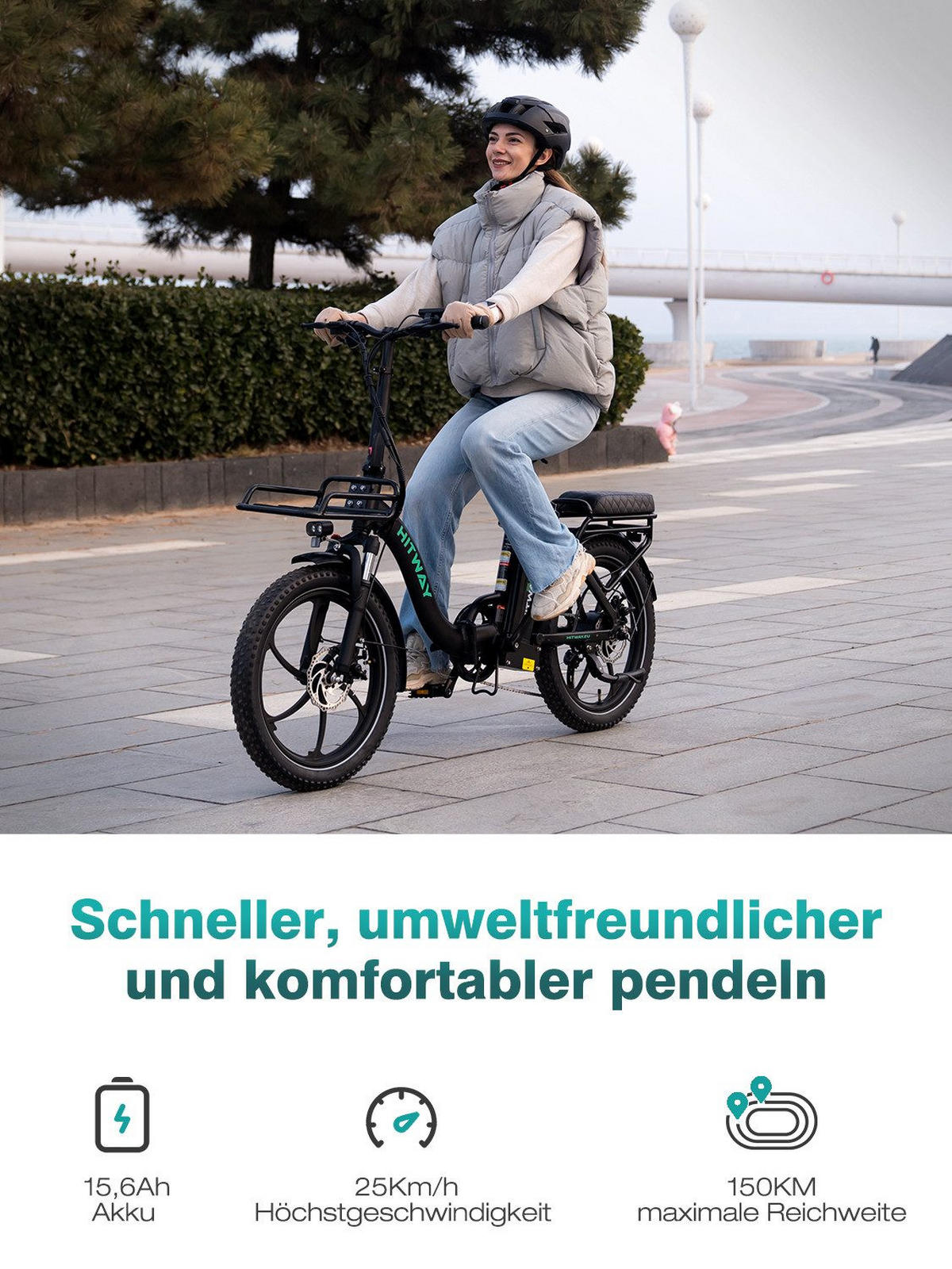 E-BIKE Klapprad BK6SL1 20*3,0 Zoll 36V15,6Ah Akku bis zu 150km Reichweite, 7 Gang - Schwarz, Metall (38cm) - HITWAY