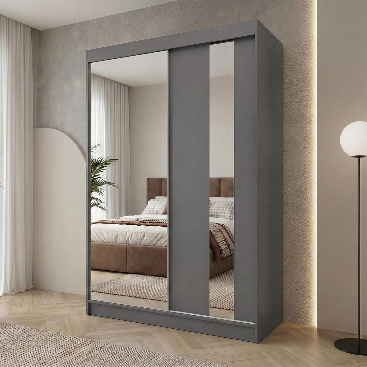 SCHWEBETÜRENSCHRANK Gaja 150/216/61 graphit mit Spiegel und Schubladeneinsätze - Graphitfarben, Holzwerkstoff (150/216/61cm) - Beautysofa