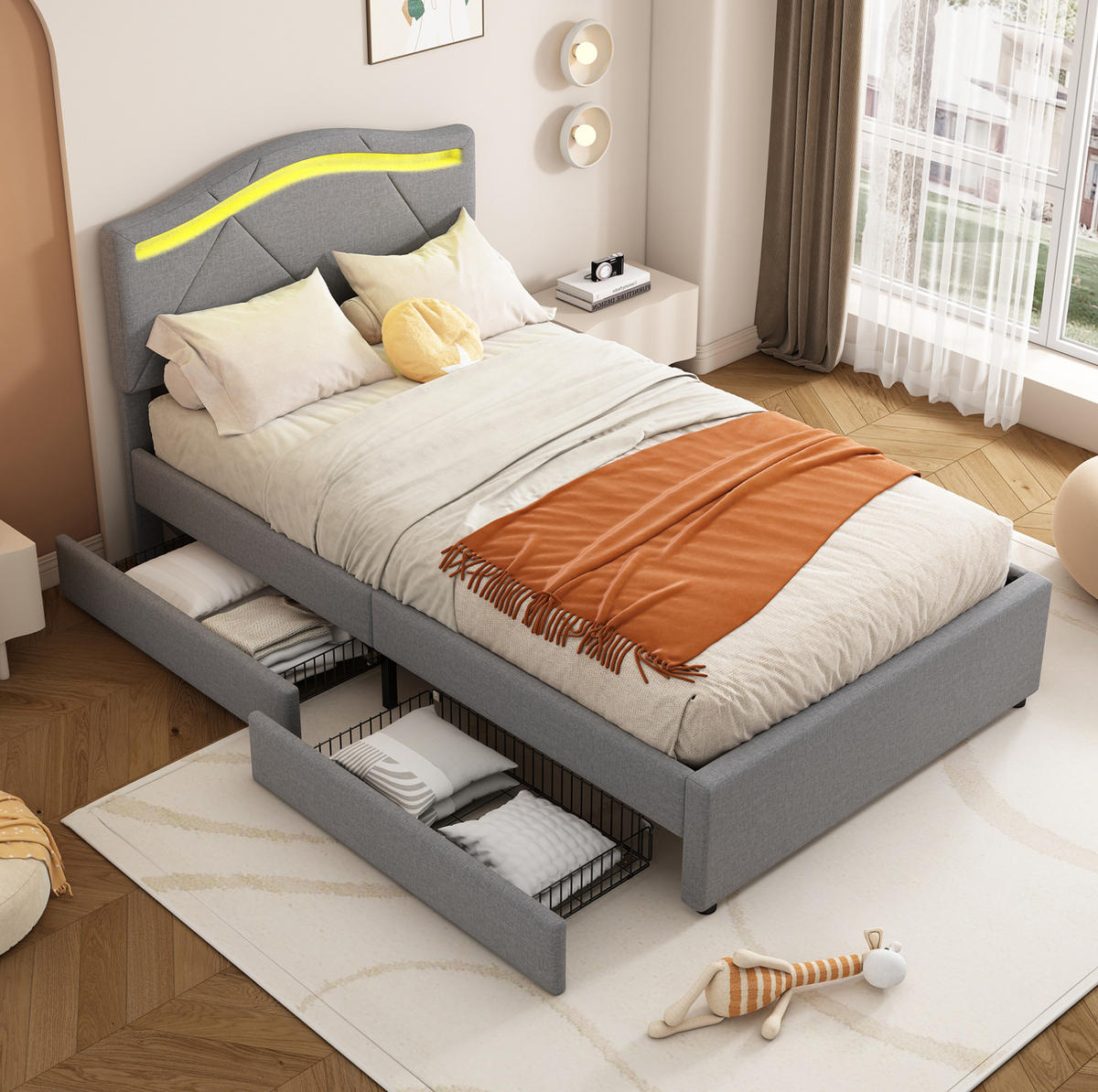 POLSTERBETT aus Leinen und MDF 90x200 cm Grau mit LED-Beleuchtung, 2 Schubladen und Lattenrost - Grau, Textil (90/200cm) - IVMEU