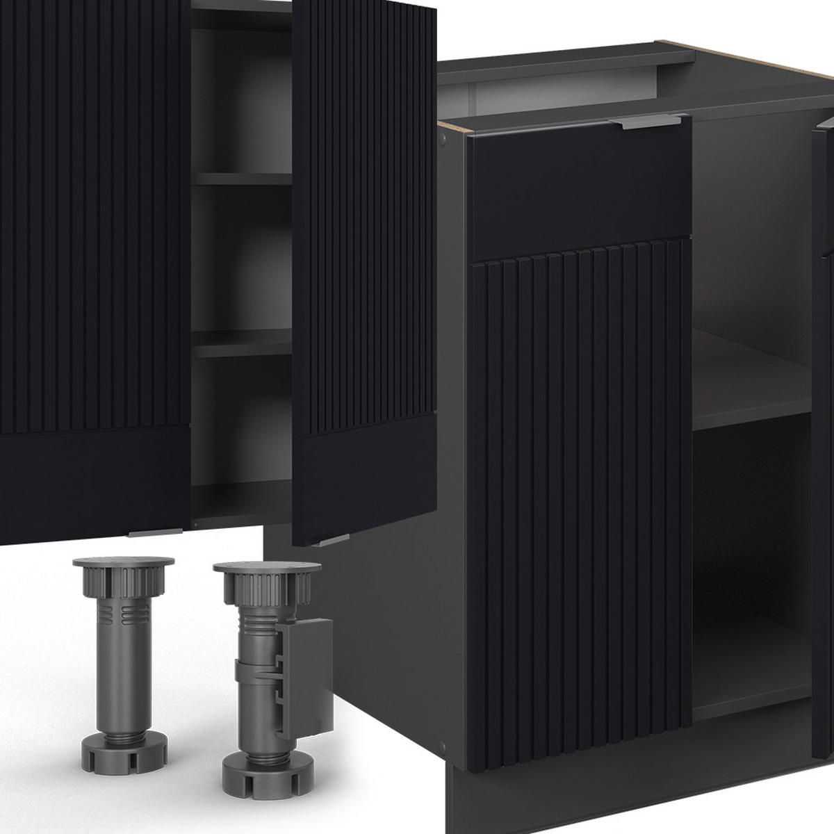 KÜCHENZEILE Fame-Line, Schwarz gestreift/Anthrazit, 300 cm mit Hochschrank, AP Anthrazit - Anthrazit/Schwarz, Holzwerkstoff (300/81.6/60cm) - Vicco