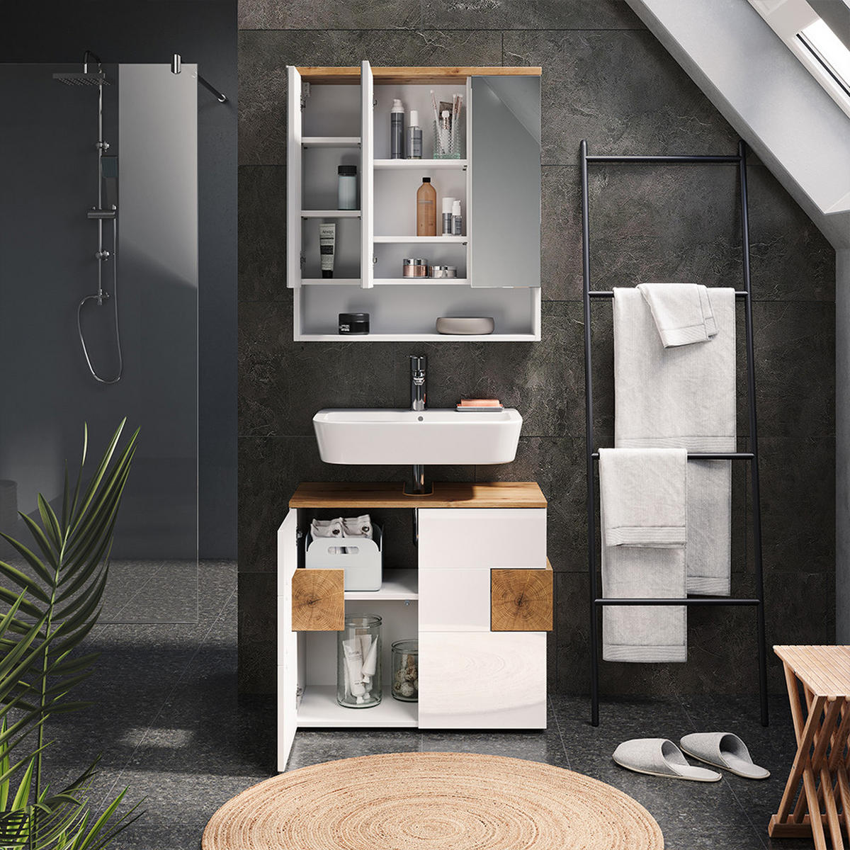 BADMÖBEL-SET Eden Weiß 2 Teile - Weiß/Eiche Artisan, Holzwerkstoff (73/64/37cm) - Vicco