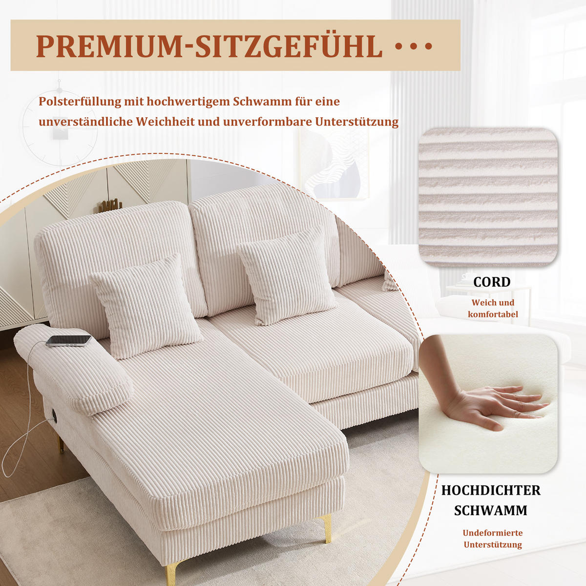 U-FORM Wohnlandschaft Samt mit LED und USB-Anschluss 265/135/88 cm Beige - Beige, Textil (135/88/265cm) - Redom