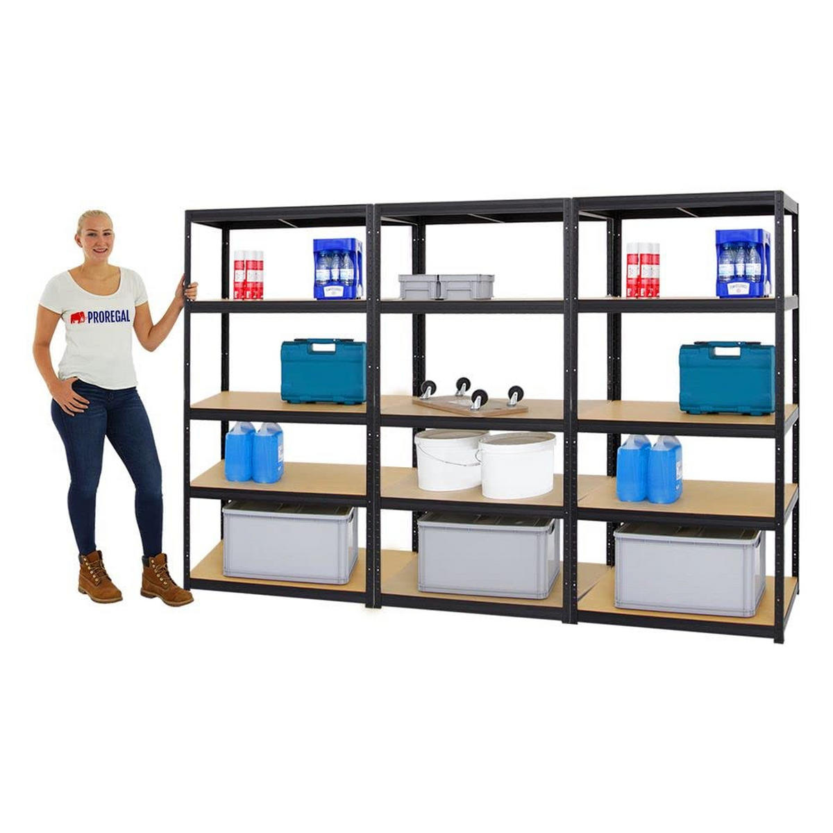 SCHWERLASTREGAL Slim Elephant M 3er-Set mit 3x 180x90x60 cm 5 Ebenen Fachlast 350 kg Schwarz - Schwarz, Metall (270/180/60cm) - PROREGAL