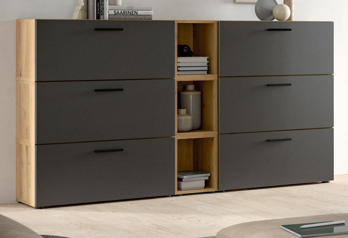 SIDEBOARD grau, Eiche Artisan 176 cm, Kommode mit Soft-Close - Schwarz/Eiche Artisan, Holzwerkstoff/Kunststoff (176/99/34cm) - Inn.Furn