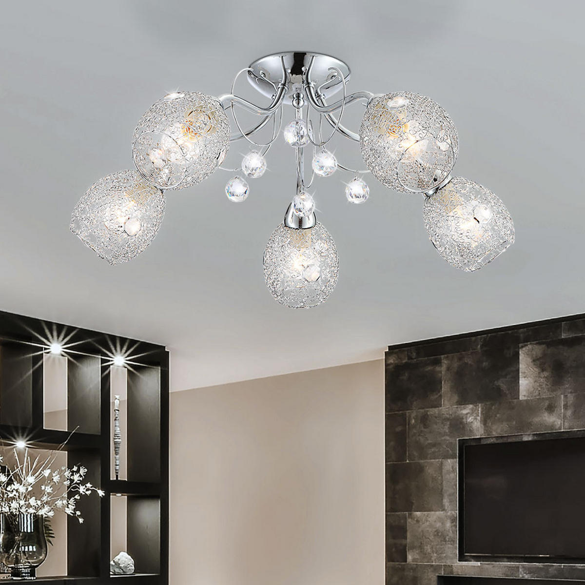 LED DECKENLEUCHTE Chrom Silber Kristalle - Silberfarben, Metall (54/54/22cm) - Globo Lighting