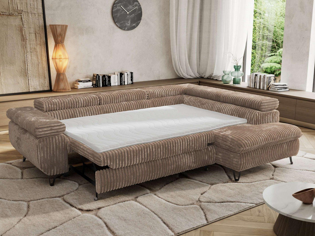 ECKSOFA PABLO L Braun Cord - Rechts Seite mit Visco Topper - Schwarz/Braun, Textil/Metall (273/208cm) - MKS