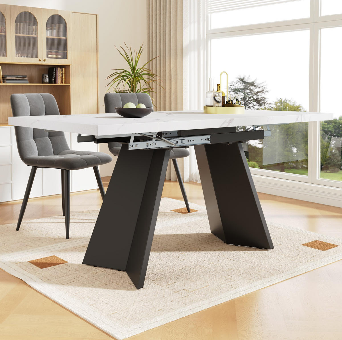 JÍDELNÍ stůl 99-159/74/77 cm s rozkládací deskou, mramorovým dekorem a stabilními nohami, Bílá/Černá - bílá, kompozitní dřevo (159/74/77cm) - Redom