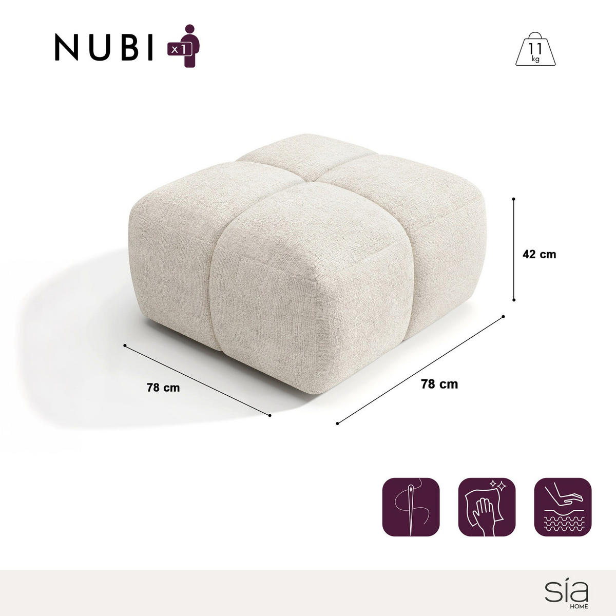 POUFS NUBI Strukturierter Samt Creme 78cm - Creme, Textil (78/42/78cm) - Sia Home