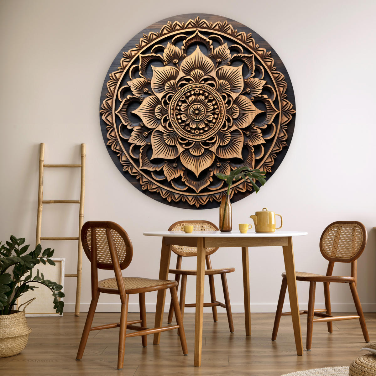 WANDBILD Mandala - Holz - Blumen - Braun 140x140 cm - Gelb, Kunststoff (140/140cm) - MuchoWow
