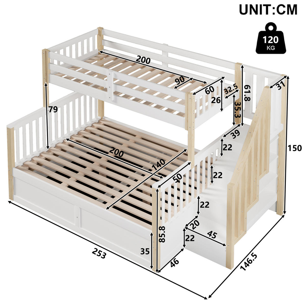 ETAGENBETT 90/200 cm Weiß/Natur aus Kiefernholz mit Stauraum - Weiß, Holzwerkstoff (90/200cm) - OKWISH