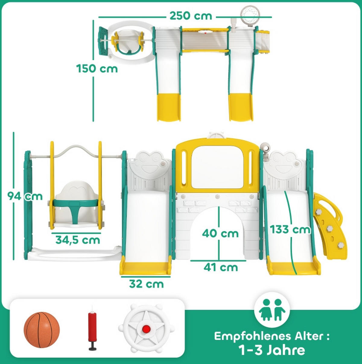 KINDERRUTSCHE 9-in-1 mit Schaukel und Basketballkorb Gelb/Grün - Gelb, Kunststoff (150/94/250cm) - Korfee