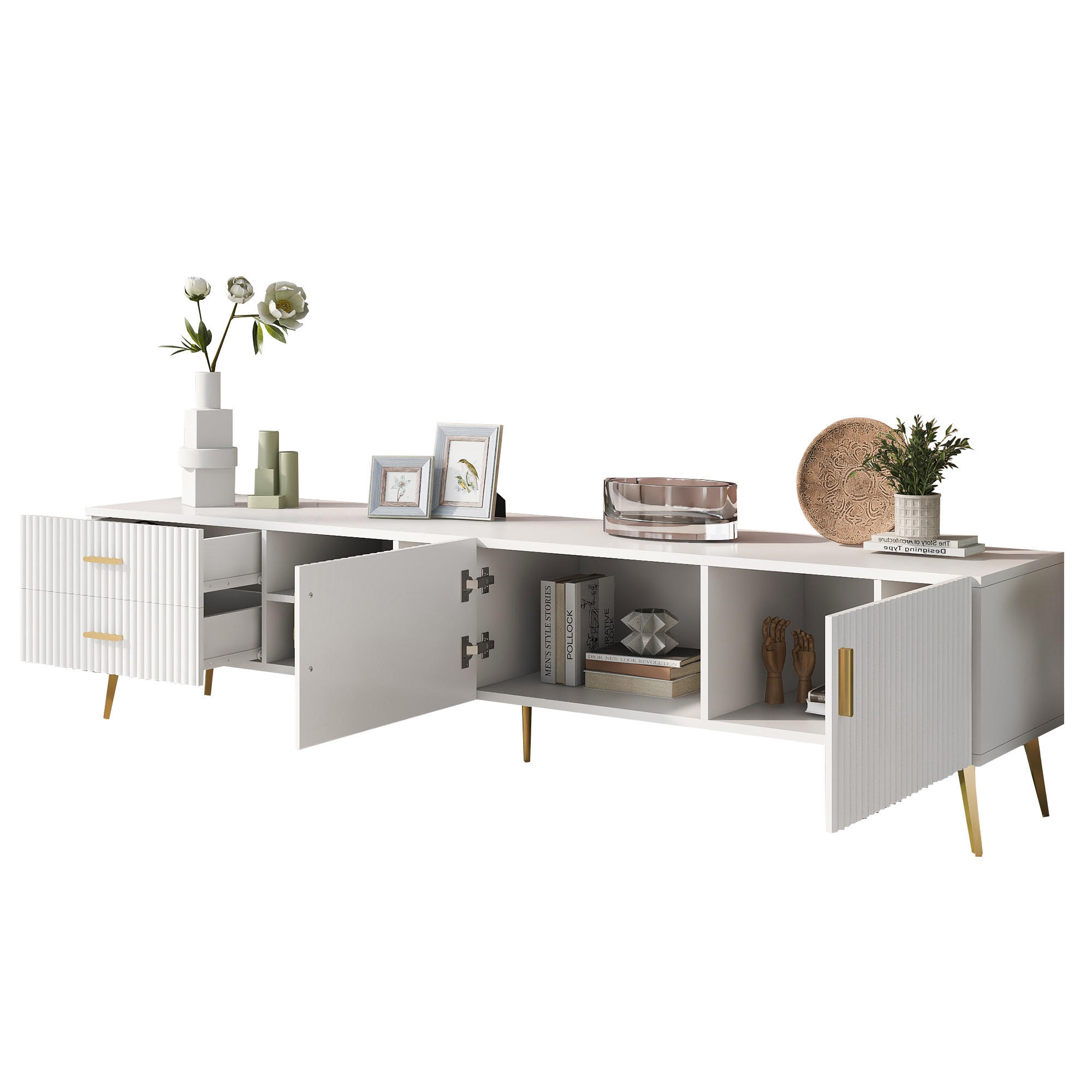 TV-SCHRANK in Weiß mit 2 Schubladen und Türen, für TVs bis 80" 180/35/41 cm - Weiß, Holzwerkstoff (180/41/35cm) - Redom