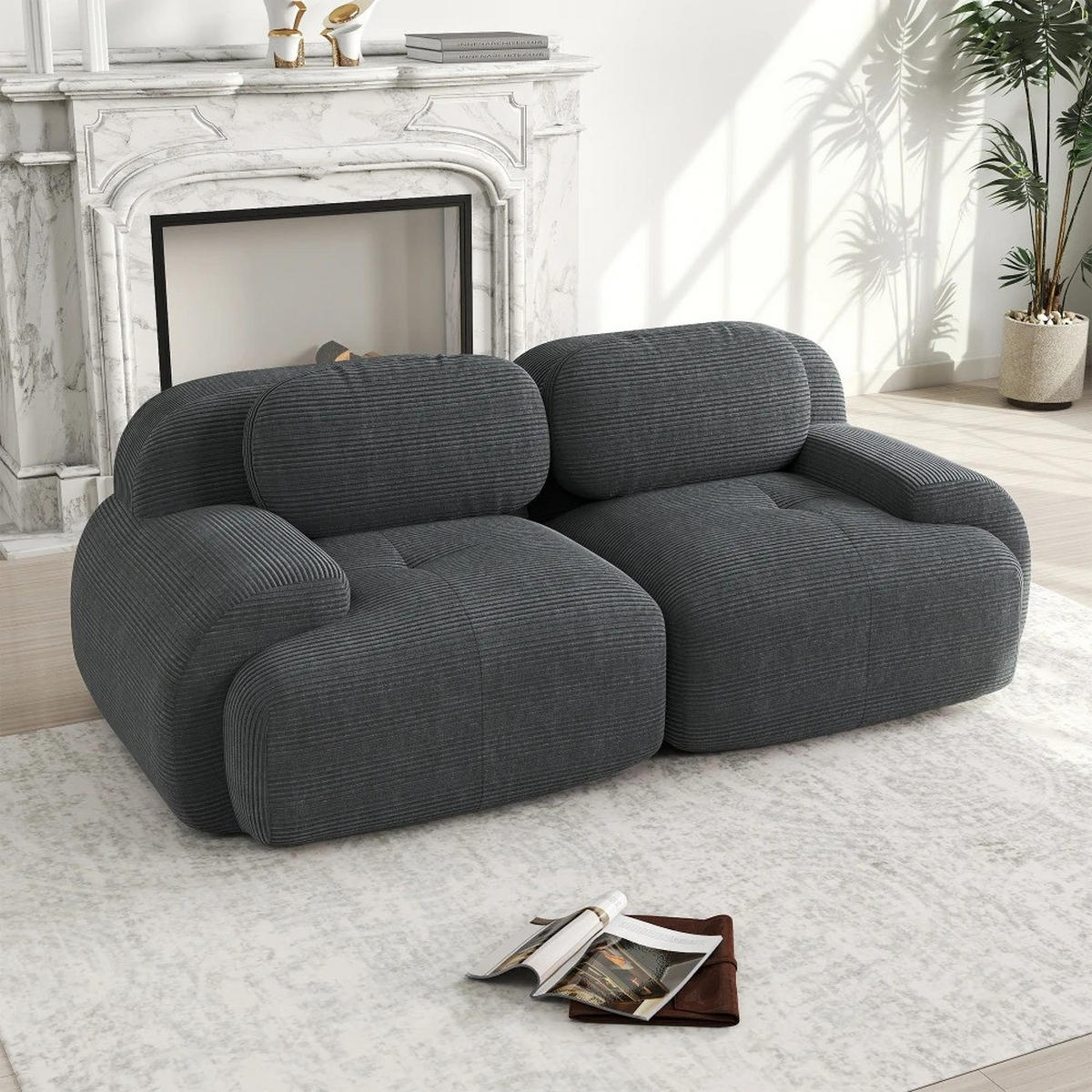 SOFA Loveseat mit gebogenen Armlehnen und rutschfester Unterseite, Grau - Grau, Textil (138/70/103cm) - Kaket