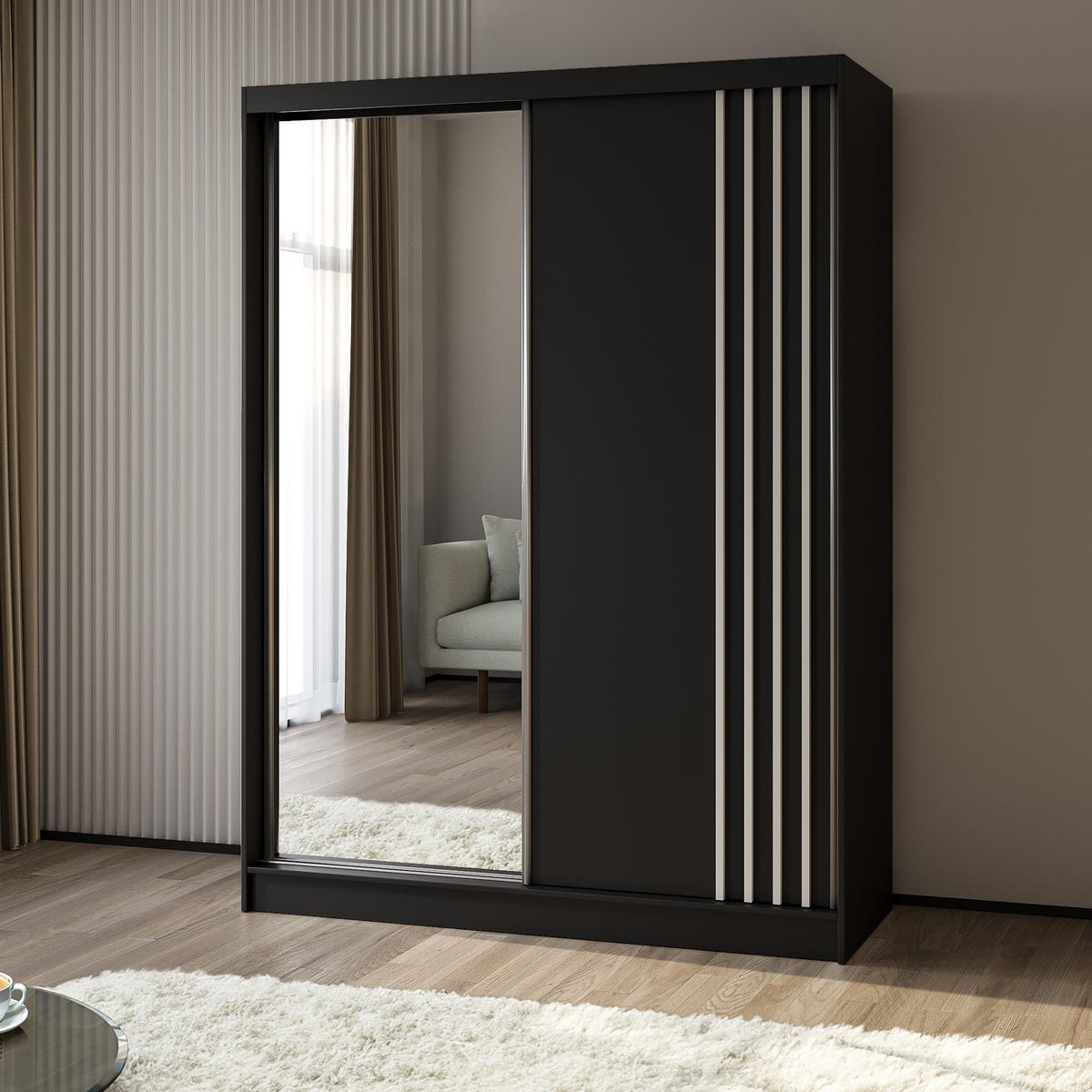 SCHWEBETÜRENSCHRANK NELVIA 160/216/61 cm 2-türig mit Spiegel Schwarz - Schwarz, Holzwerkstoff (160/216/61cm) - MASSENO