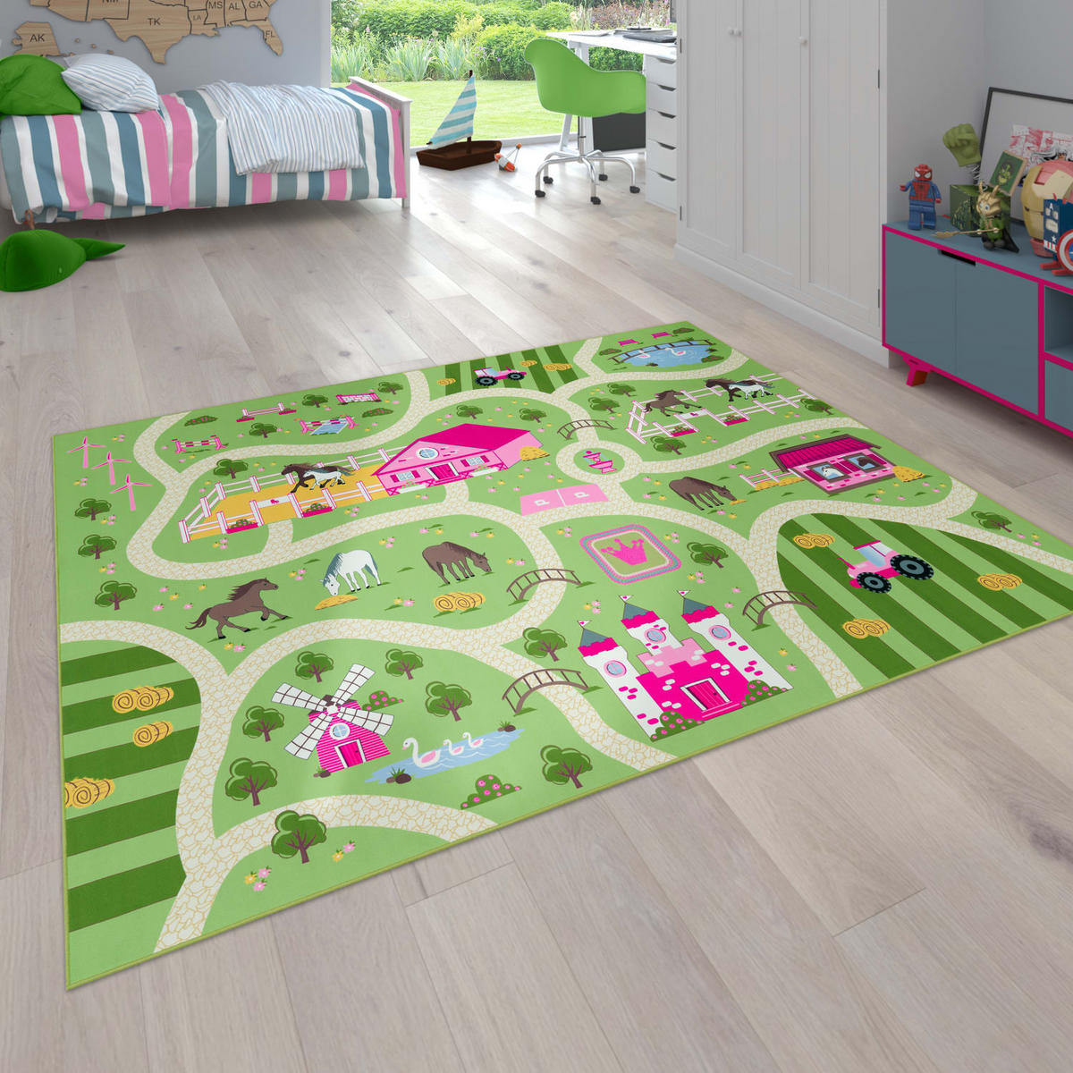KINDERTEPPICH waschmaschinenwaschbar Bauernhof‑Straßen Kinderzimmer schmutzabweisend Grün Rechteckig 80x150 - Grün, Textil (80/150cm) - KADIMA DESIGN