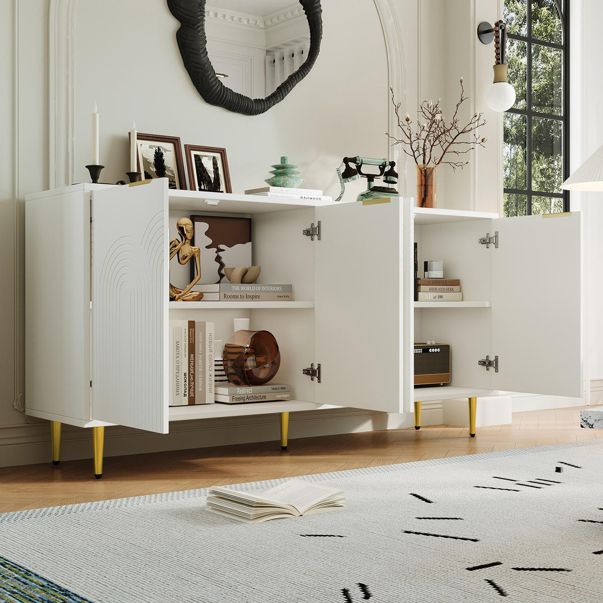 SIDEBOARD 160/40/80 cm mit 4 Türen in Weiß mit goldfarbenen Griffen - Weiß, Holzwerkstoff (160/80/40cm) - BEAOK