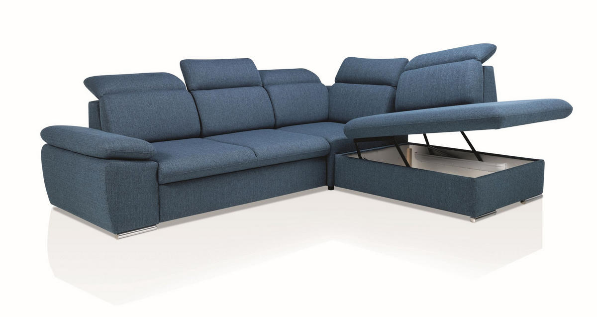 ECKSOFA ROSSI Blau Plüsch-Stoff mit Schlaffunktion - Blau, Holz (280/230cm) - MASSENO
