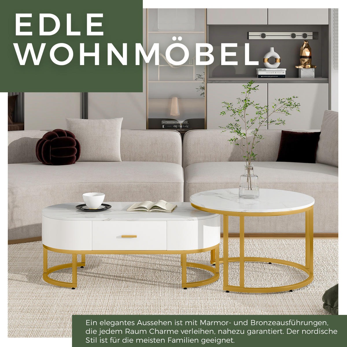 COUCHTISCH 2-teilig weiß mit edlem Metallgestell in Gold - Weiß, Holzwerkstoff (100/48/38.5cm) - OKWISH