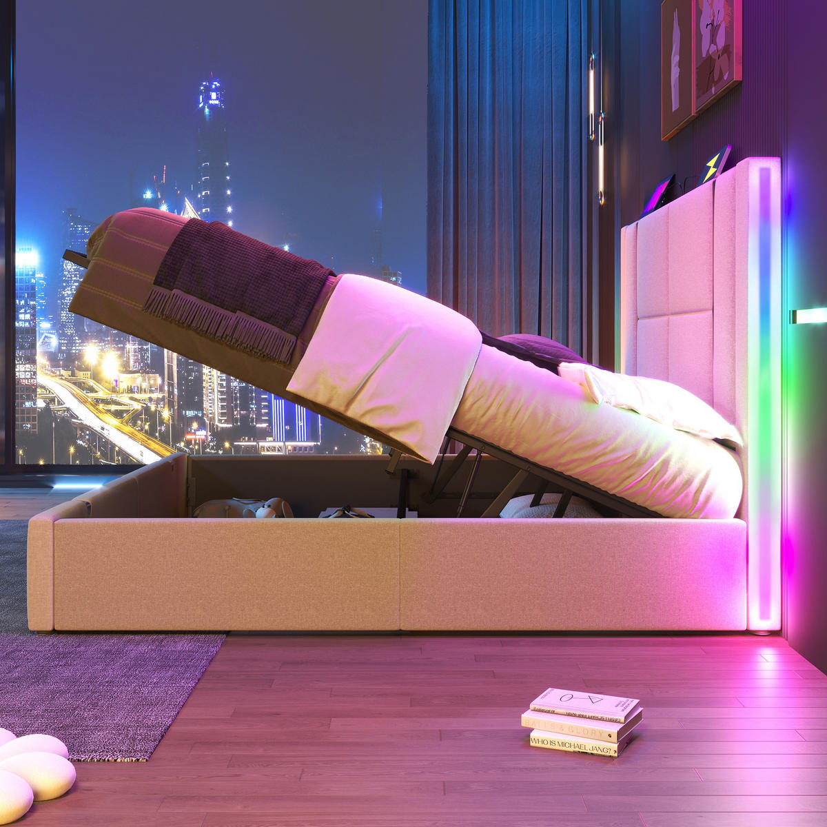 POLSTERBETT Leinen Beige mit LED USB Typ C Stauraum 160×200 cm - Beige, Holzwerkstoff/Textil - Urban Meuble