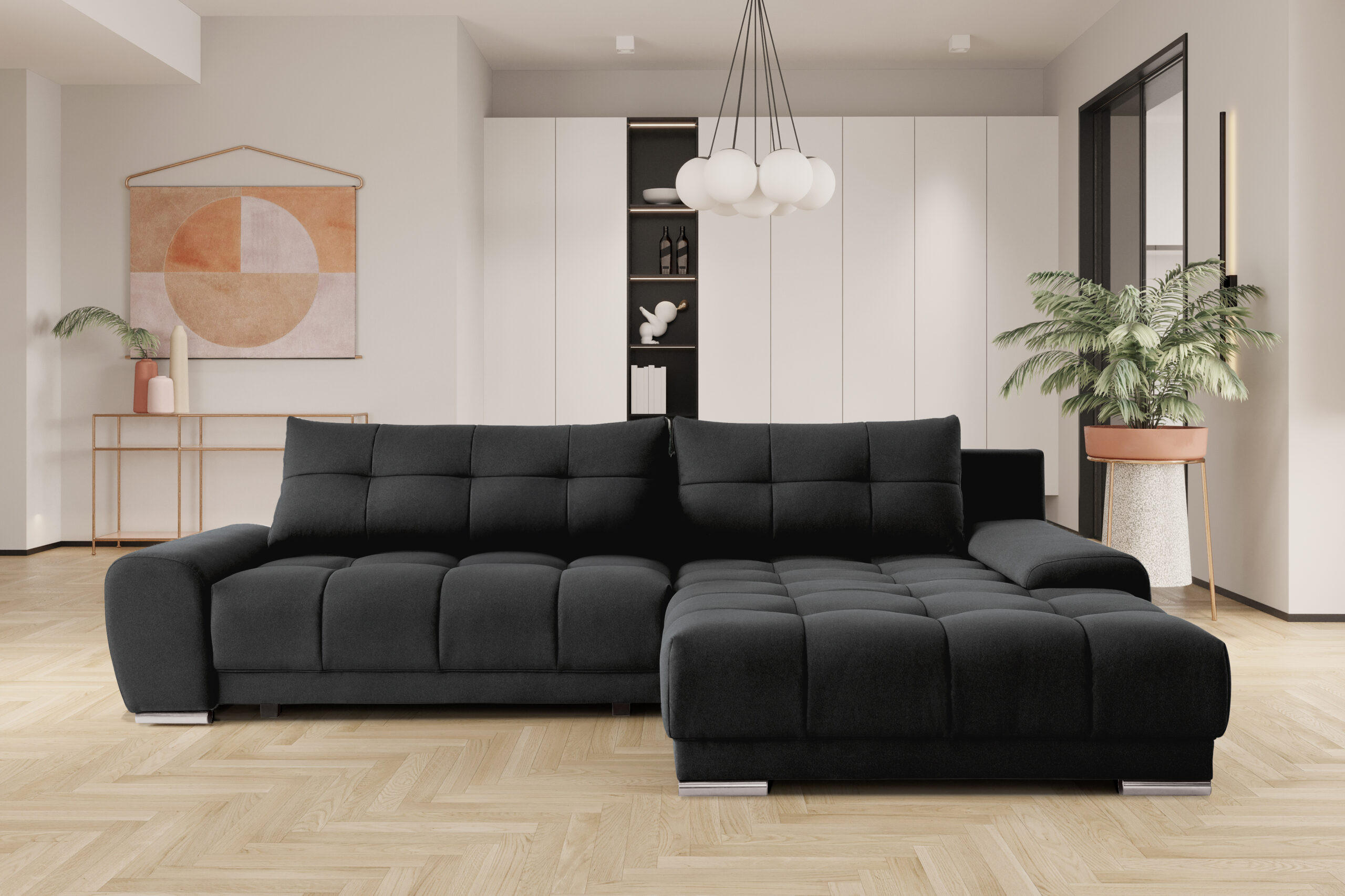 ECKSOFA WAVE Mit Schlaffunktion, Stoff SORO, Schwarz Rechts - Schwarz, Holz (281/105cm) - Kaiser Möbel