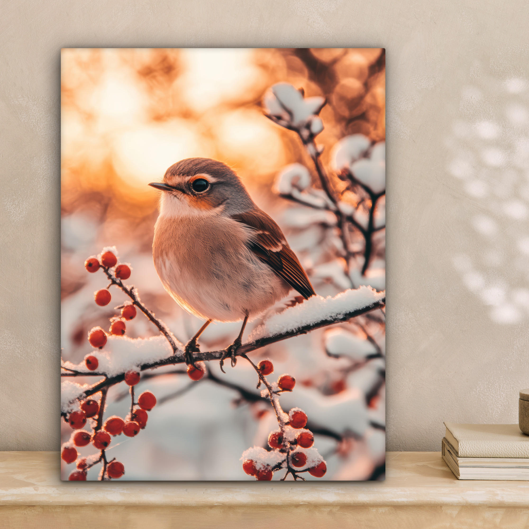 LEINWANDBILD Vogel - Zweig - Winter - Tiere - Schnee 30x40 cm - Bernsteinfarben, Textil (30/40cm) - MuchoWow