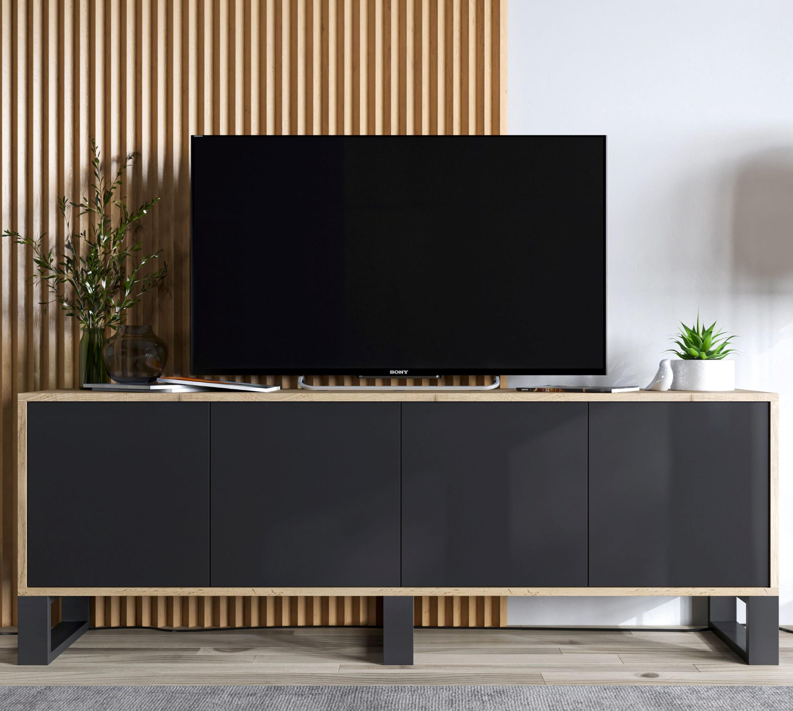 TV-SCHRANK Apollo2 Eiche wotan Schwarz Matt mit Metallbeinen 150/53/35 cm - Schwarz, Holzwerkstoff/Metall (150/53/35cm) - Meble Lindner