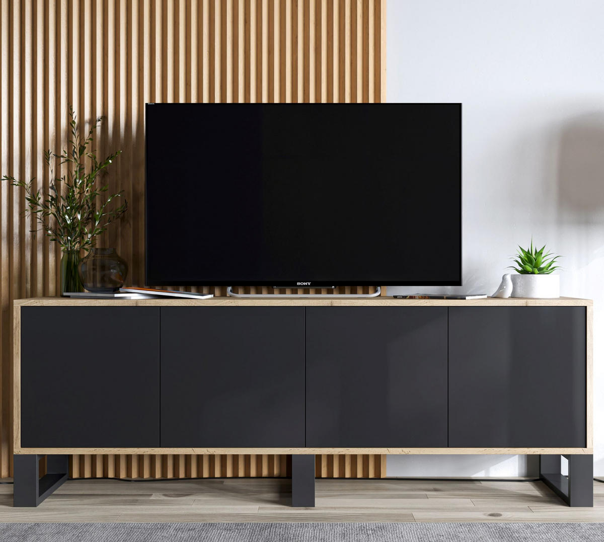 TV-SCHRANK Apollo2 Eiche wotan Schwarz Matt mit Metallbeinen 150/53/35 cm - Schwarz, Holzwerkstoff/Metall (150/53/35cm) - Meble Lindner