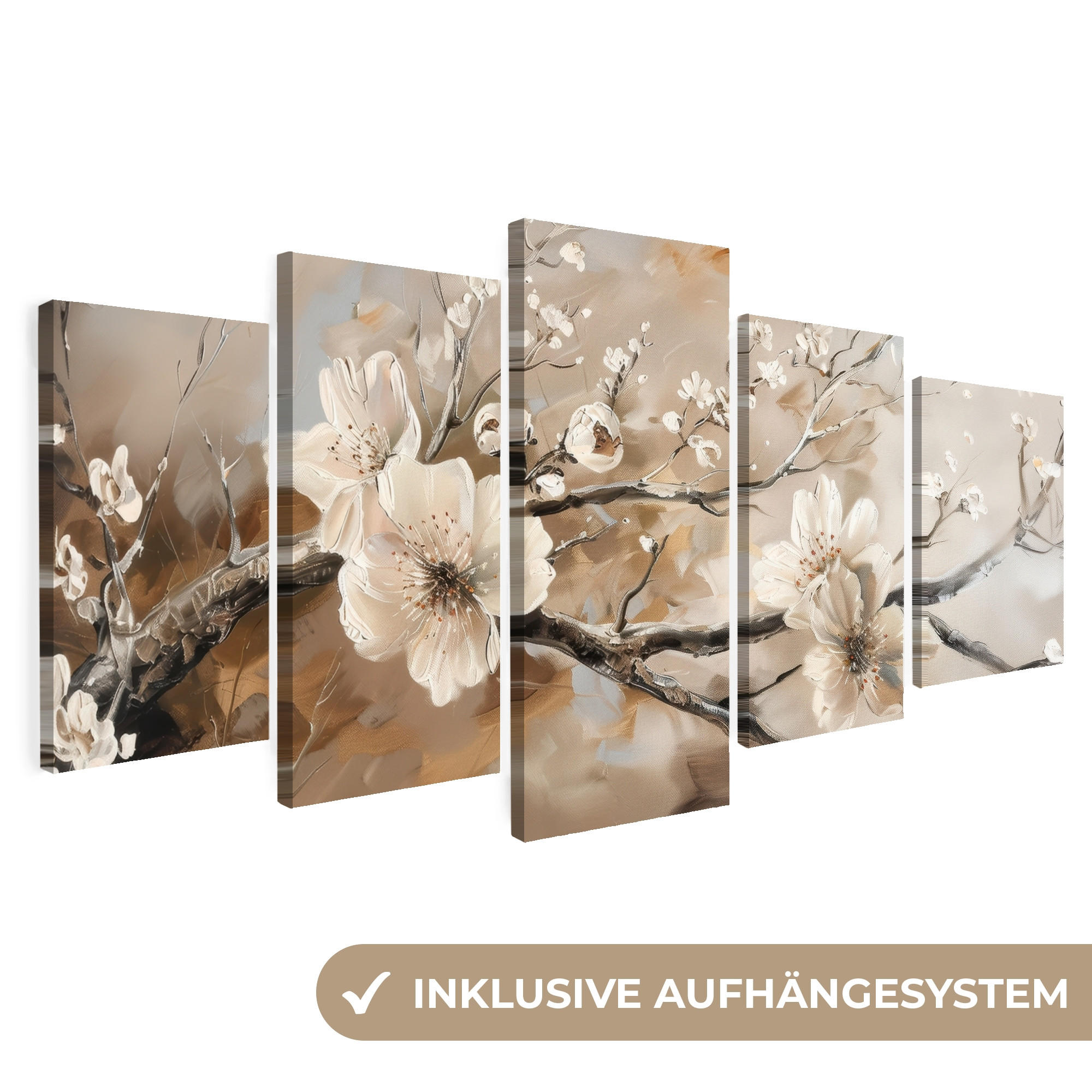 LEINWANDBILD 5er Set Blüte - Beige - Abstrakt - Blumen 150x80 cm - Hellbraun, Textil (150/80cm) - MuchoWow