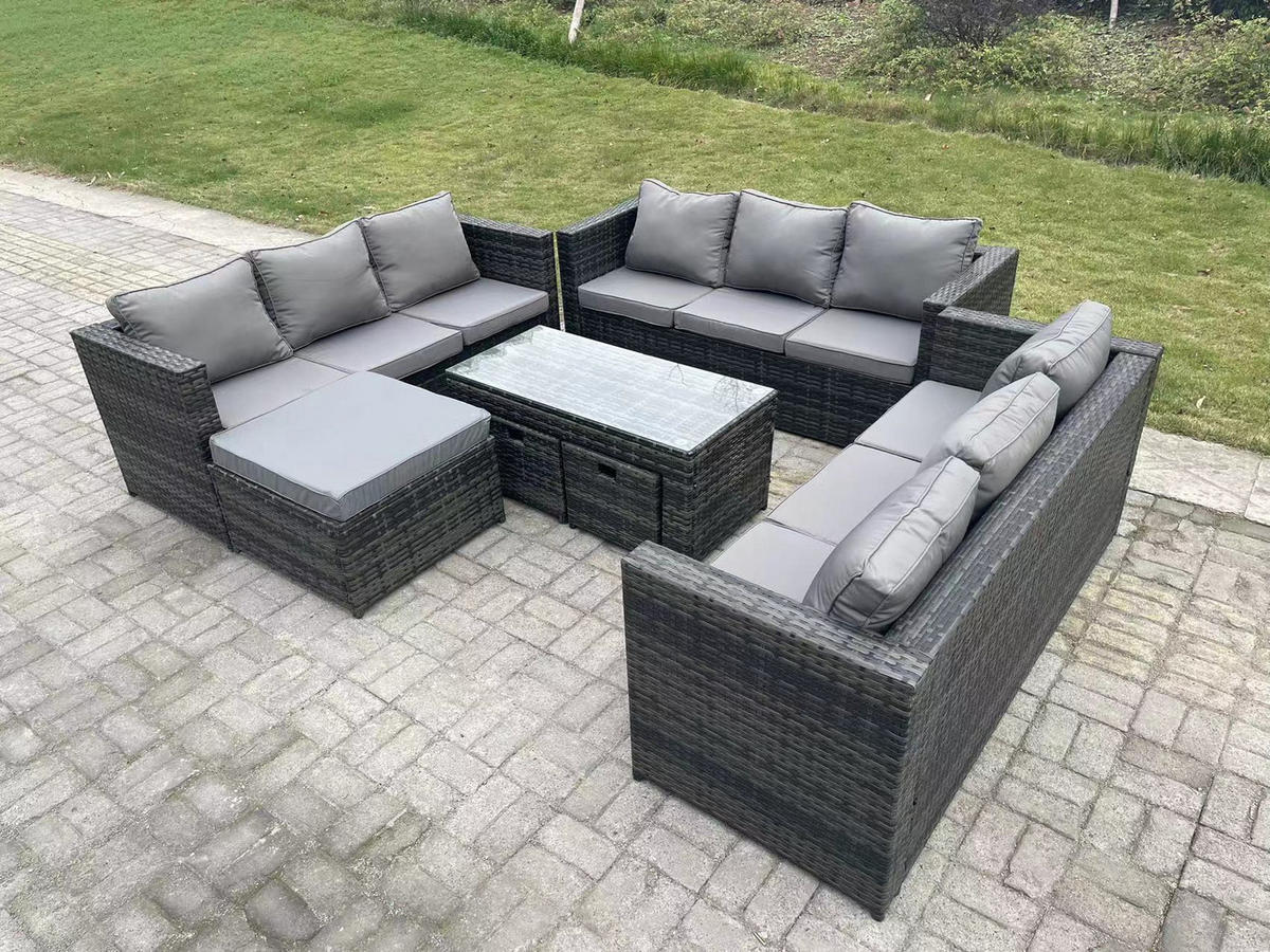 SITZGRUPPE Polyrattan 12-Sitzer - Dunkelgrau/Grau, Glas/Kunststoff - Fimous