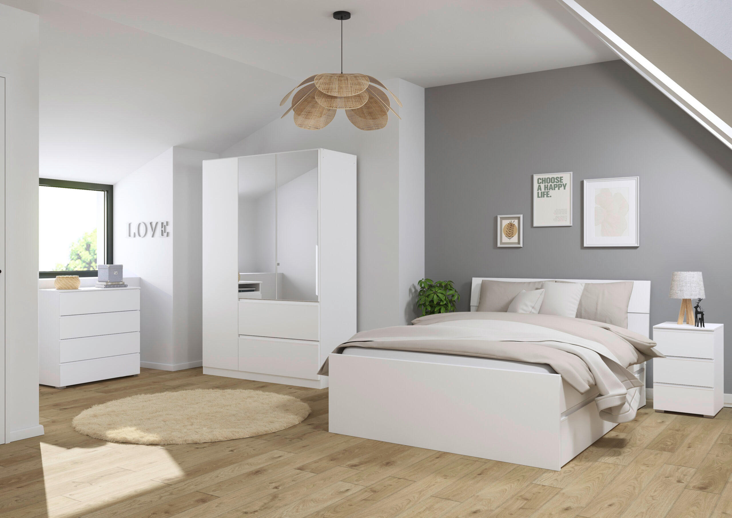 JUGENDZIMMER Joel in Weiß 4 teilig – mit 3türigem Kleiderschrank mit Spiegel, 140er Jugendbett, Nachttisch und Kommode - Weiß, Holzwerkstoff (80/200/120cm)