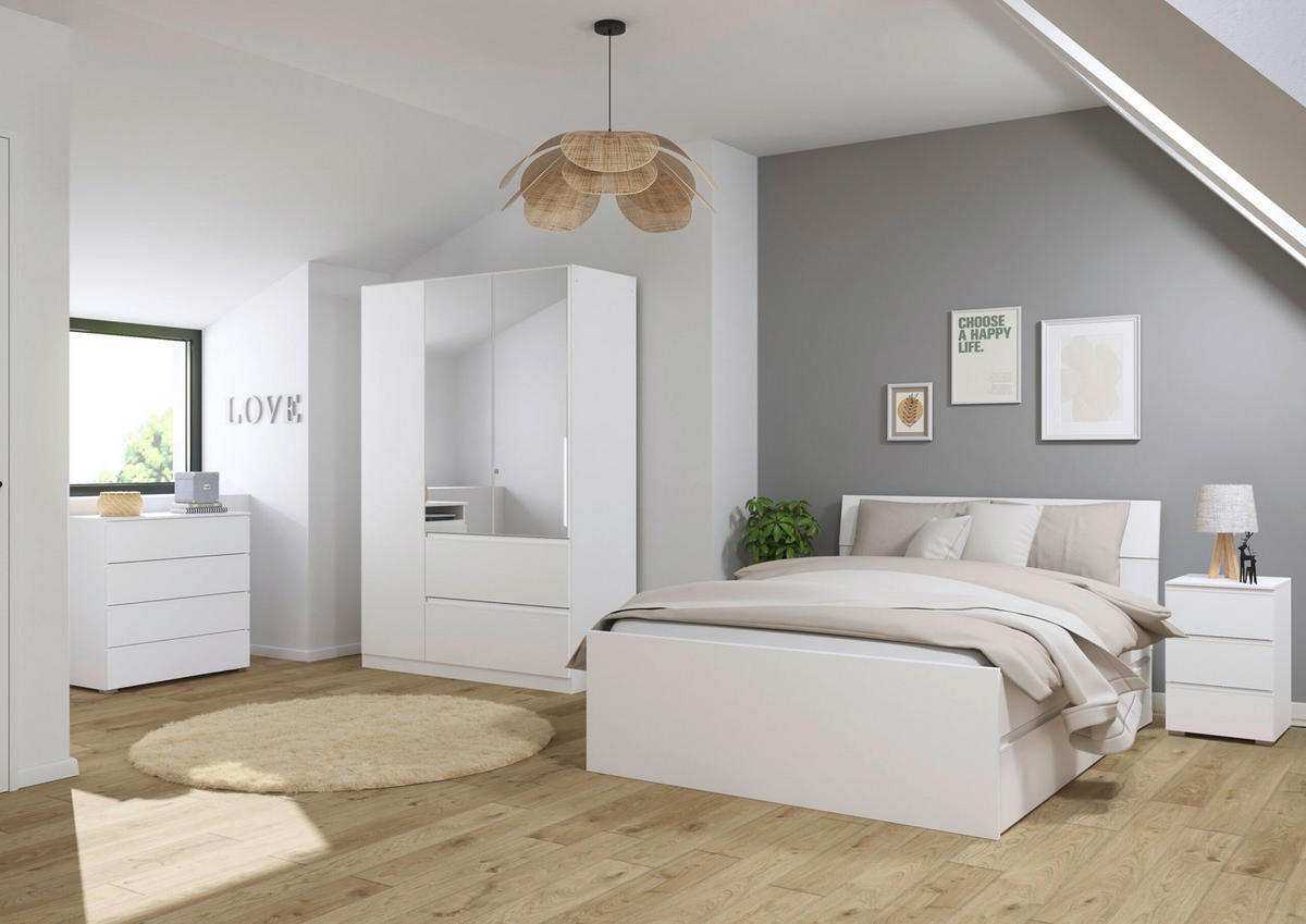 JUGENDZIMMER Joel in Weiß 4 teilig – mit 3türigem Kleiderschrank mit Spiegel, 140er Jugendbett, Nachttisch und Kommode - Weiß, Holzwerkstoff (80/200/120cm)