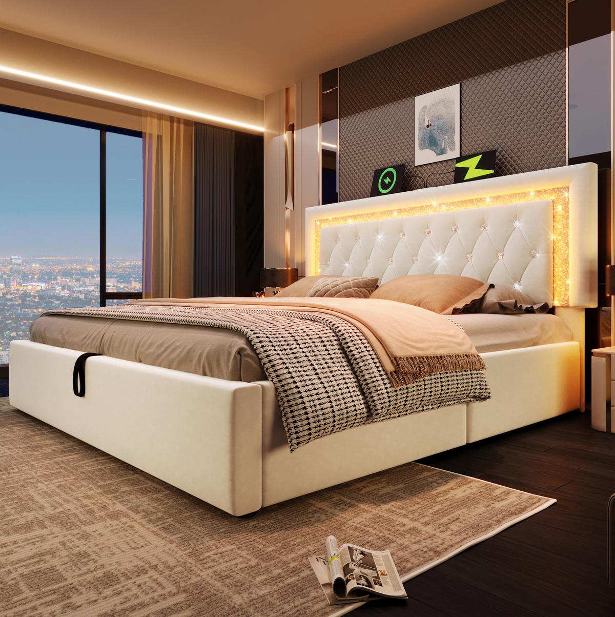 POLSTERBETT mit Bettkasten 160x200 cm Samt Beige mit LED und USB-C - Beige, Metall (160/200cm) - Meubliv