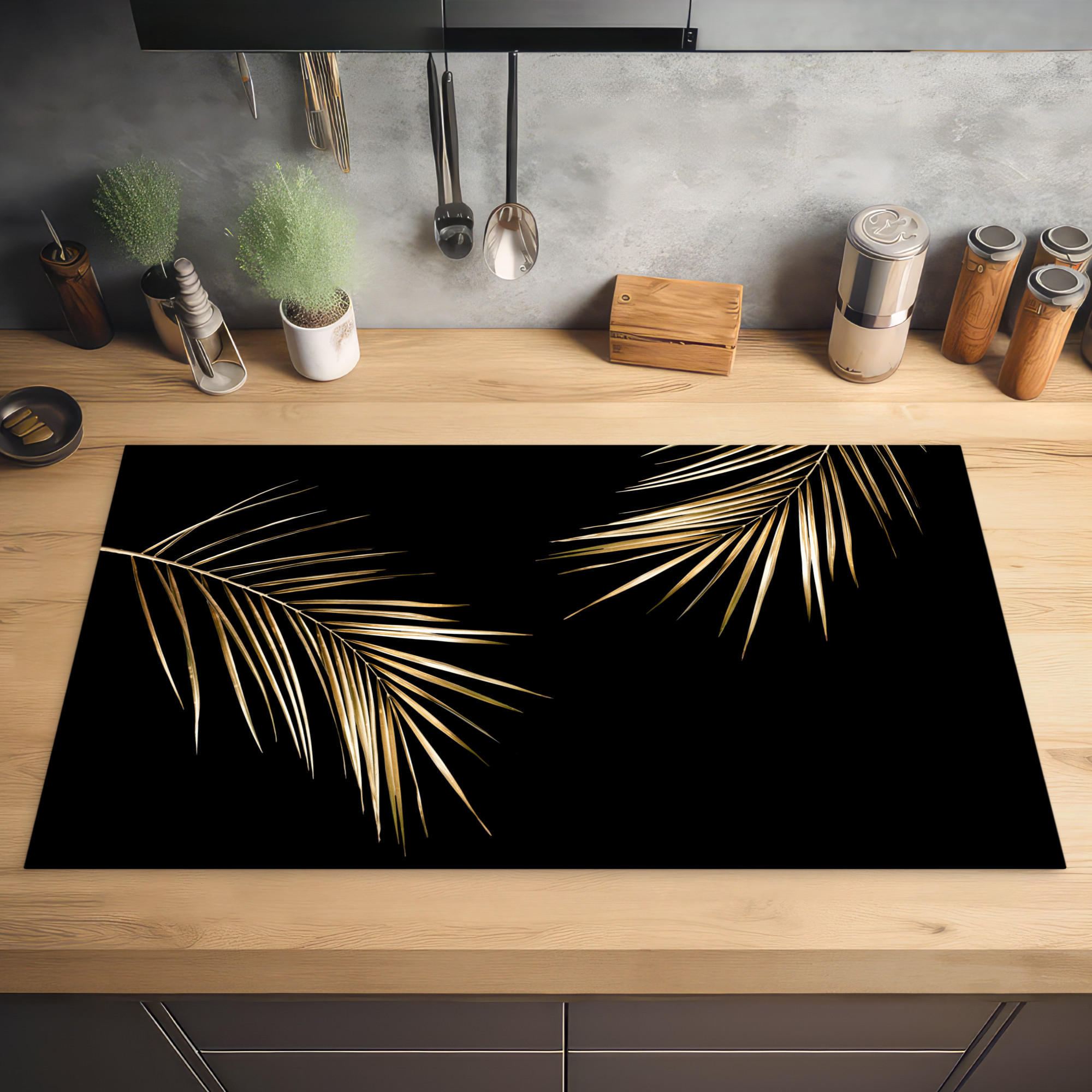 HERDABDECKPLATTE Blätter - Pflanzen - Gold - Schwarz - Luxus 90x52 cm - Goldfarben, Kunststoff (90/0.2/52cm) - MuchoWow