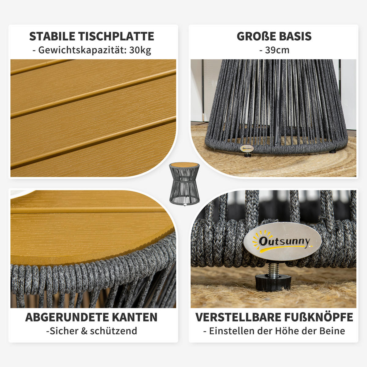 BALKONTISCH, Dunkelgrau+Natur, Aluminium, PS, PE - Dunkelgrau, Kunststoff (39/39/49cm) - Outsunny