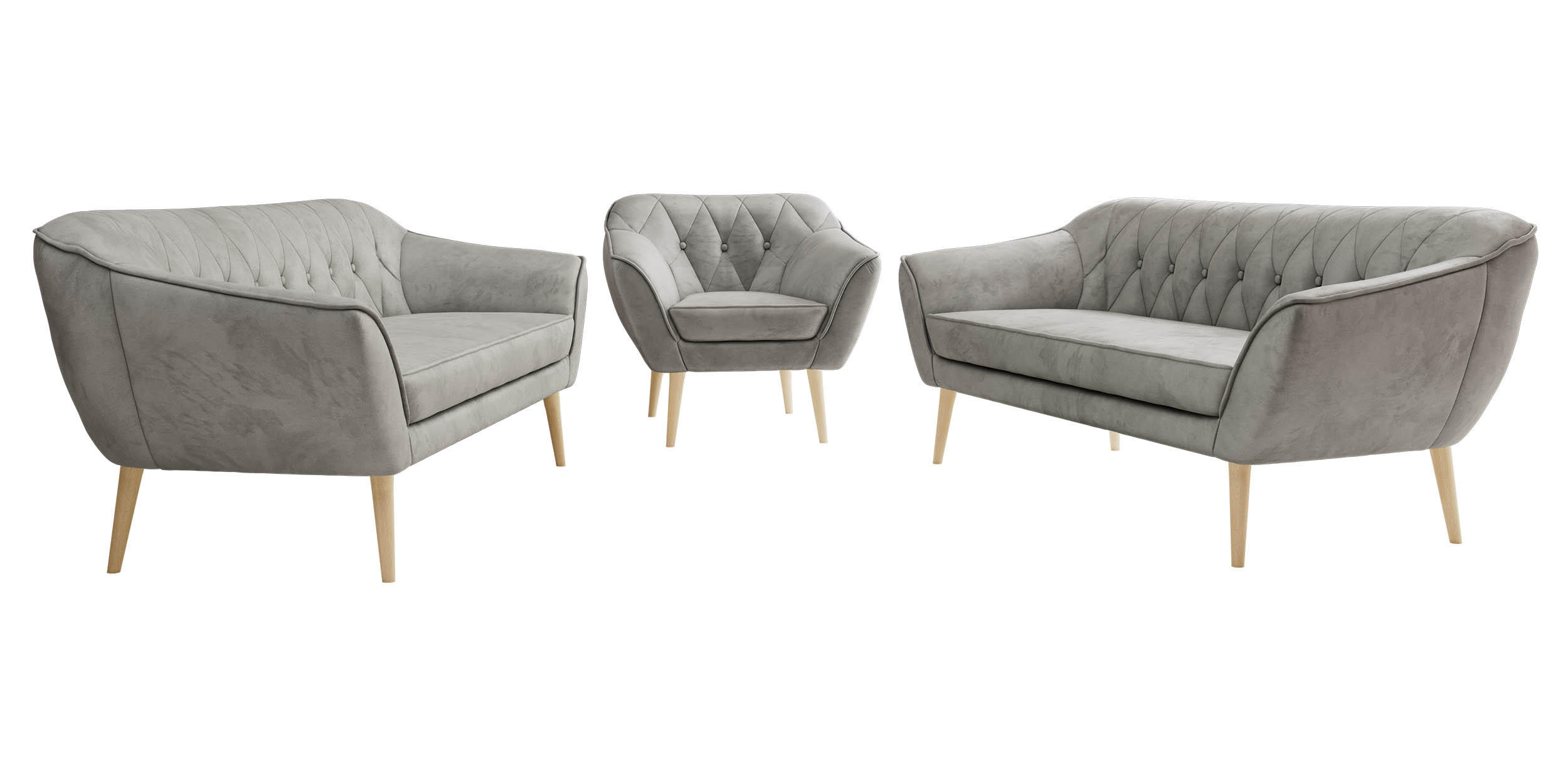 SEDACÍ SOUPRAVA 3+3+1 PIRS - Světle šedá Samet - Dřevěné nohy - světle šedá/barva buku, kompozitní dřevo/textil (180/75/74cm) - MKS