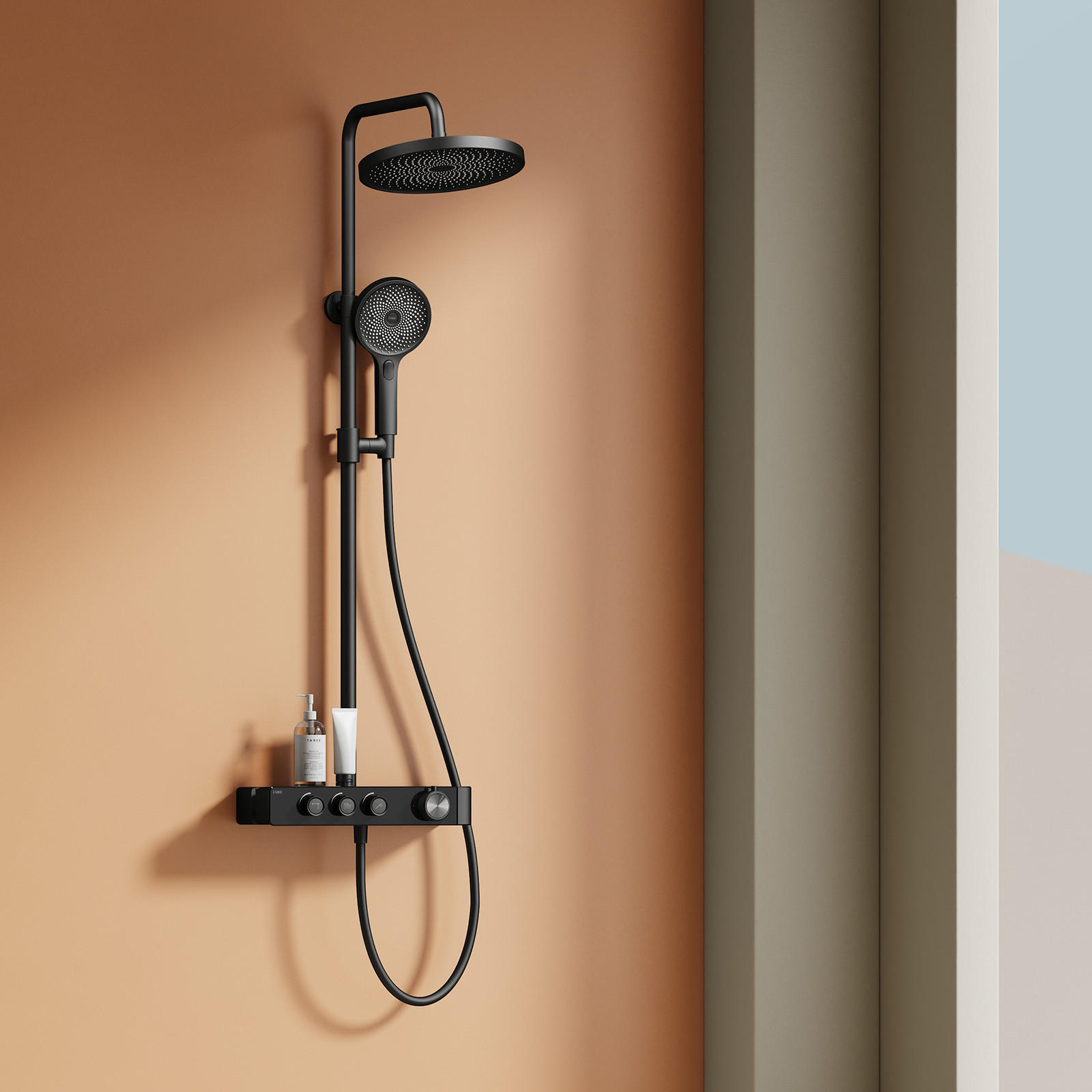 ÜBERKOPFBRAUSESET mit Thermostat Runde Überkopfbrause Vielseitig Schwarz - Schwarz, Metall (35.5/110/40cm) - EMKE