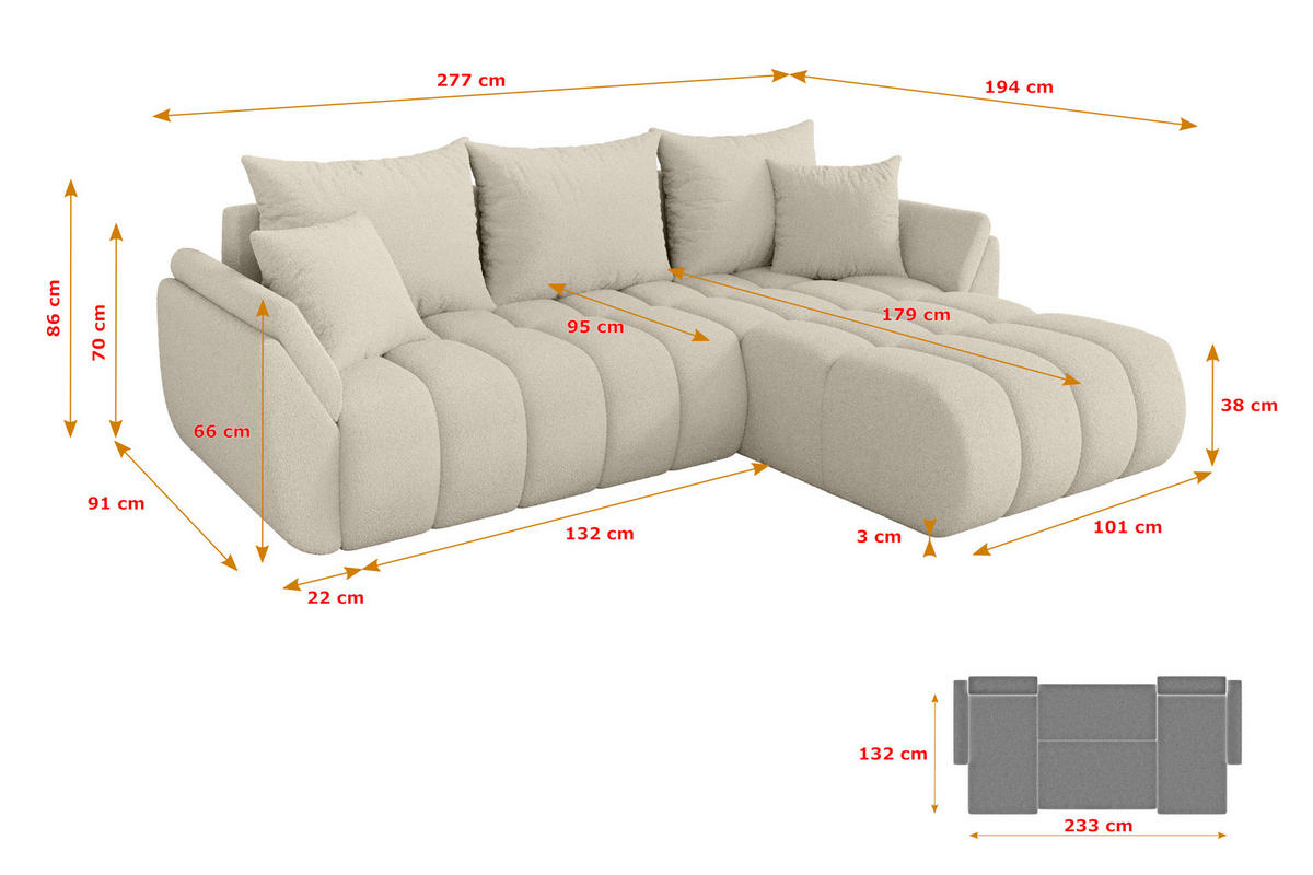 ROHOVÁ SEDAČKA s funkcí spaní, otoman vpravo TOKO-L-v1 277x194x86 béžová bouclé - černá/písková barva, kompozitní dřevo/textil (277/194cm) - ALTDECOR