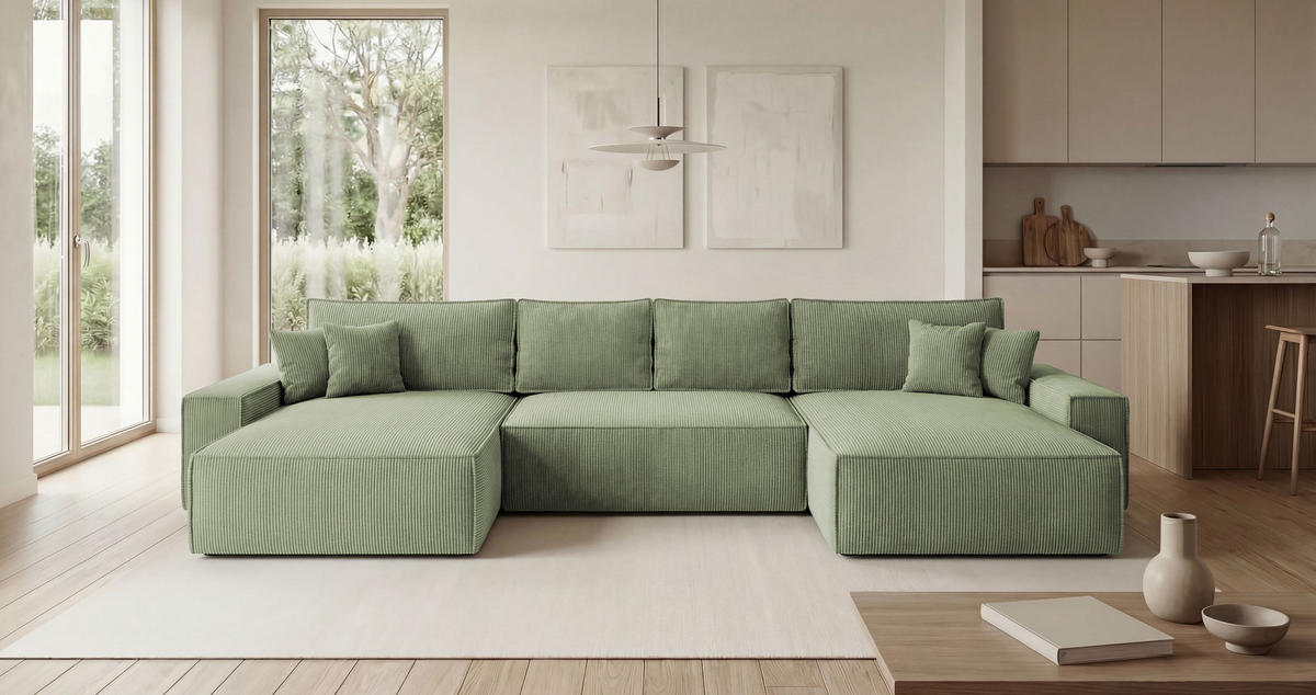 ECKSOFA CALIFORNIA U-Form hellgrün Cord POSO 47 - Schlaffunktion, Bettkasten - Hellgrün, Textil (385/185cm) - Cornero