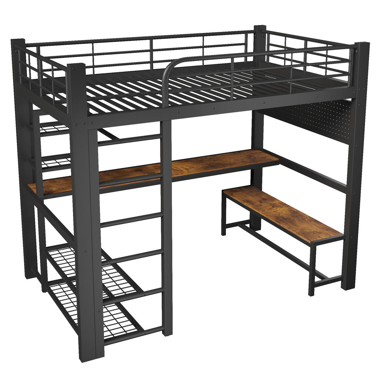 HOCHBETT 140x200 cm in Schwarz mit LED-Beleuchtung, Schreibtisch und Stauraum - Schwarz, Metall (140/200cm) - IVMEU