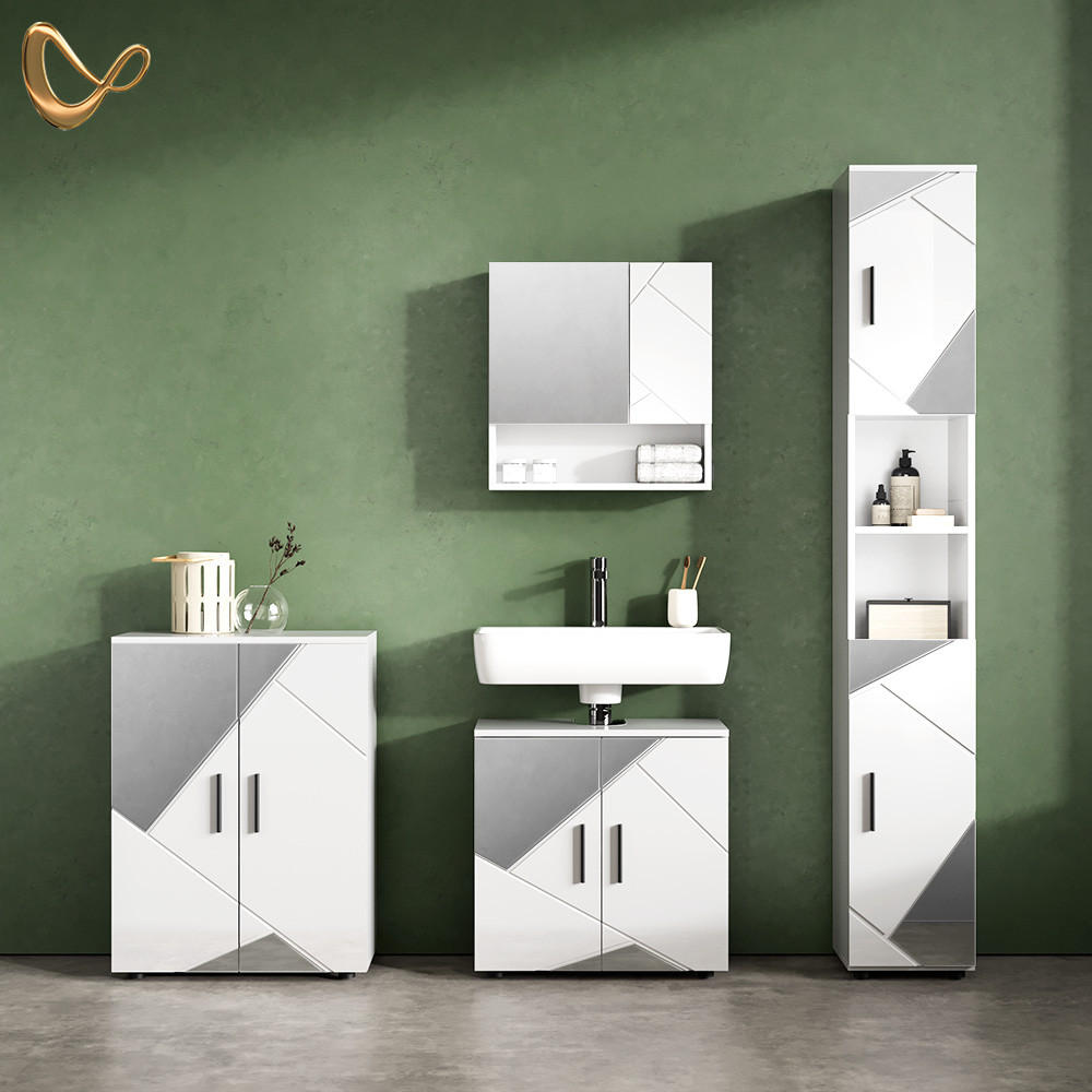 BADMÖBEL-SET Ronco Weiß Hochglanz mit Einsätzen 4 Teile, mit Hochschrank und Kommode - Weiß Hochglanz, Holzwerkstoff (60/60/59cm) - Livinity®