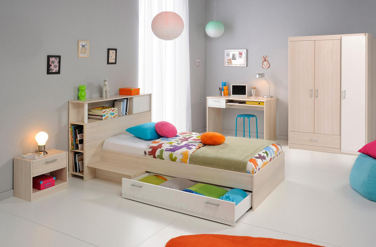 JUGENDZIMMER Set 5-tlg Kleiderschrank Schreibtisch Bett 90x200 - Silberfarben/Weiß, Holz/Holzwerkstoff (160/180/52cm) - Parisot Meuble