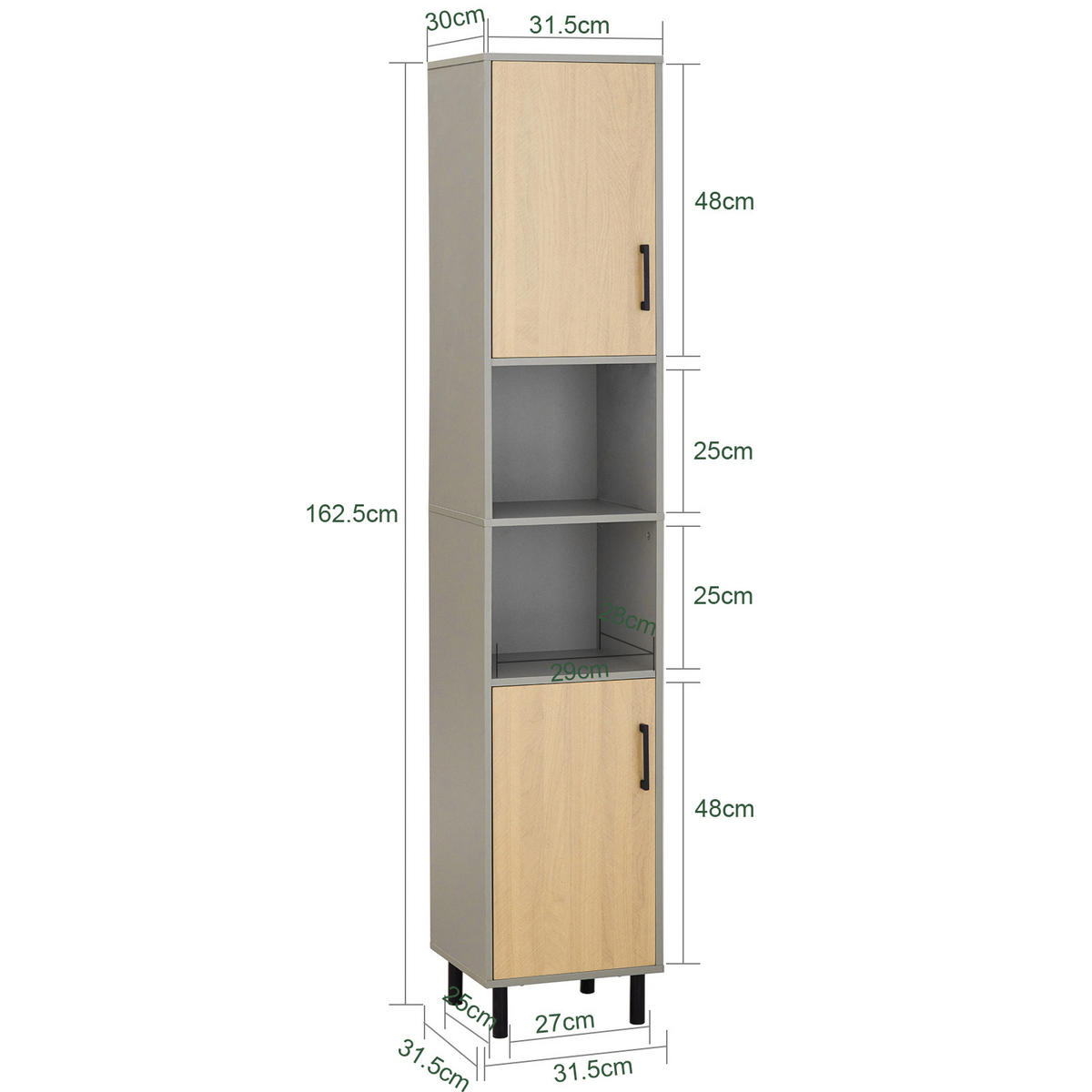 HOCHSCHRANK Grau - Naturfarben/Grau, Holzwerkstoff/Metall (32/163/32cm) - SoBuy